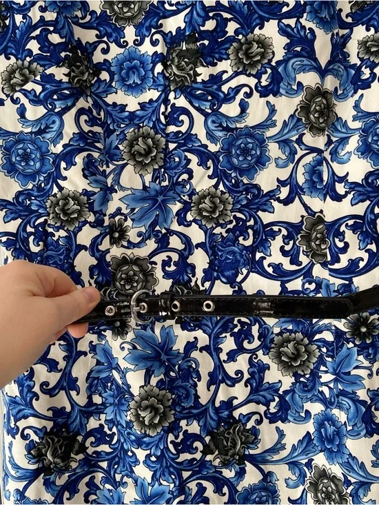 Premise Blue White Floral Damask Sheath Dress Size 4 NWT Belted Boho Career - Picture 3 of 8